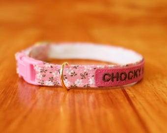Personalized Pink Floral Cat Collar: Cotton Breakaway, Small Dog Option
