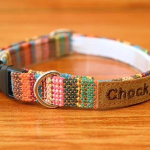 Personalized Boho Cat Collar, Embroidered Cat Collar Breakaway, Colorful Striped Kitten Collar, Chocky Cat Collar, Small Dog Collar