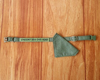 Personalized Green Gingham Cat Collar with Removable Bandana