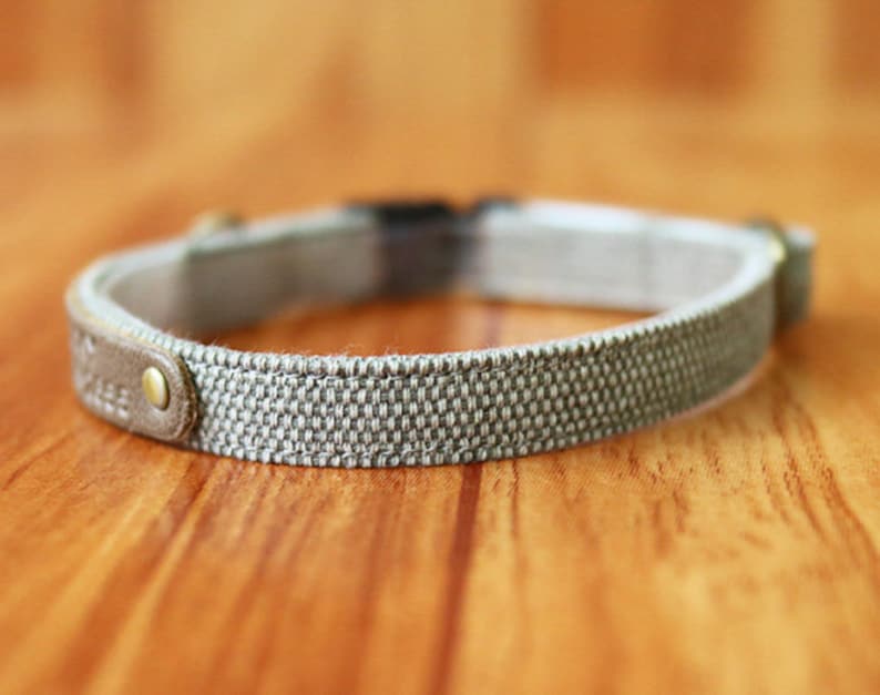 May include: A gray and white woven dog collar with a brown leather accent and a silver buckle.