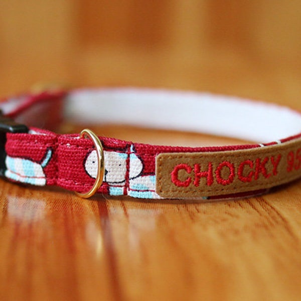 Personalized Cat Collar with Happy Cat, Personalized Cat Family Breakaway, Soft Cotton Cat Collar, Chocky Breakaway Cat Collar /Red Collar