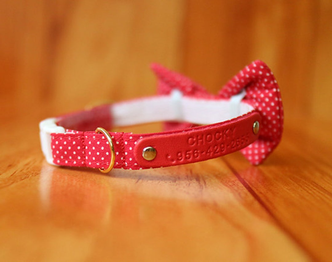 Red Polka Dot Personalized Cat Collar With Bow Tie Polka Dot Etsy