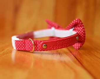 Red Polka Dot Personalized Cat Collar with Bow Tie, Polka Dot Bow Tie, Red Bow tie Cat Collar, Chocky Cat Collar Breakaway