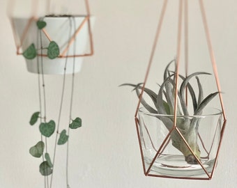 Small Hanging Himmeli Planter with Glass Pot • Brass or Copper • Geometric • Glass • Natural Wood • Perfect for succulents