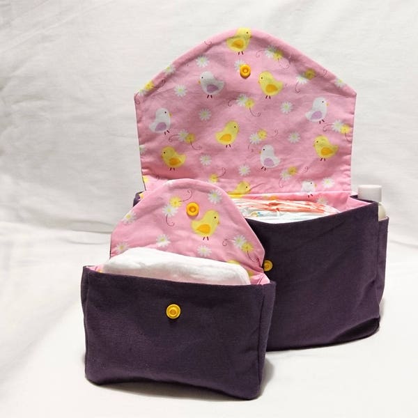 Pouch / toiletry bag baby pink and purple patterned chicks