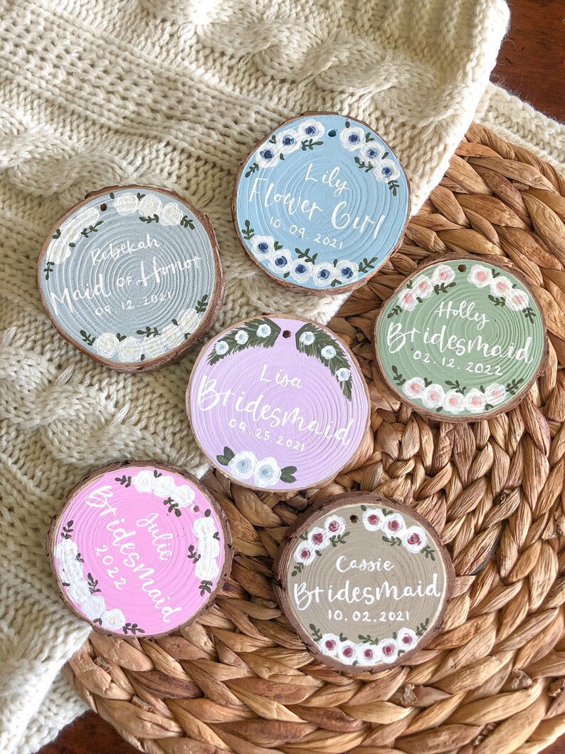 Hand-painted Bridal Party Ornaments/ Bridesmaid Ornament/ Bridal Party Gifts/ Keepsake Ornament/ Bridesmaid Proposal image 4