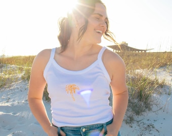 Palm Tree Embroidered Micro-Rib Tank Top