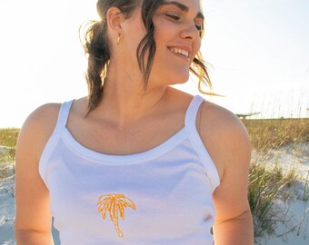 White Palm Tree Embroidered Tank Top