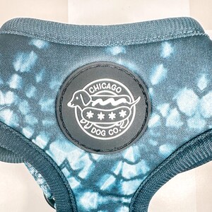 May include: A blue and white tie-dye dog harness with a black patch that says "Chicago Dog Co." and features a cartoon dachshund with a hot dog.
