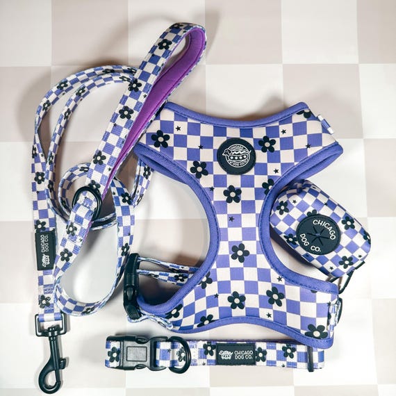 Purple Checkered Flower Harness, Collar, Leash and Poop Bag Holder