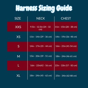 May include: A chart with a red background showing harness sizing guide for dogs. The chart lists sizes from XXS to XL with corresponding neck and chest measurements in inches and centimeters.