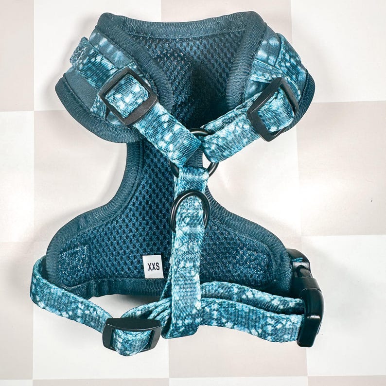 May include: A blue and black patterned dog harness with a mesh lining and adjustable straps. The harness has a size tag that says "XXS".