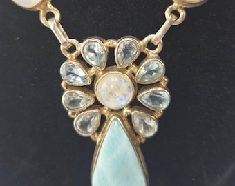Larimer, Blue Topaz, Rainbow Moonstone Necklace Sterling Silver With 14k white gold clasp.