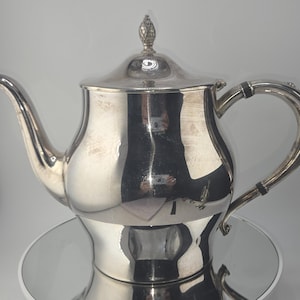 May include: A silver-colored teapot with a curved spout and handle. The teapot has a lid with a decorative finial. The teapot is reflective, with visible reflections of the surroundings. The handle has black accents.