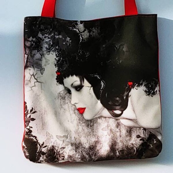 Gothic spooky Pagan style roomy tote bag. Ideal birthday gift. Unique bespoke bag reusable bag. A striking grocery shopping, work eco bag