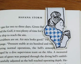 magnetic folding bookmark embroidered with girl holding coffee. Lovely page saver, Great gift for book reader. Teen young woman reading gift