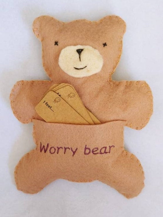 Worry bear handmade in felt. Cards to write your worries and place in pocket. Mental health aid. Anxiety, School aid. Grounding accessory.