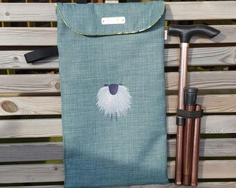 Sheep embroidered walking stick cane carry bag. Handmade bag for folding mobility cane. Shoulder strap or hang on your wheelchair or scooter