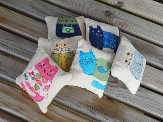 Handmade Embroidered Catnip Toy: Whimsical Cat Design filled with fresh organic catnip and light polyfil. Durable play kicker bags