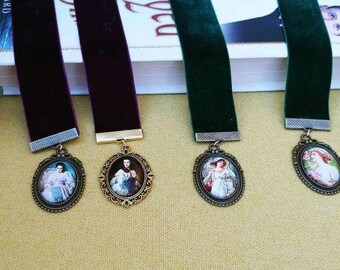 velvet ribbon bookmark. Victorian lady romantic cameo pendant page saver. Handmade gift for the booklover. Book readers elegant bespoke gift