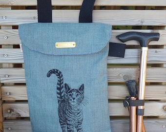 Cat embroidered folding walking stick cane carry bag. Handmade bag for mobility cane. Shoulder strap or hang on your wheelchair or scooter