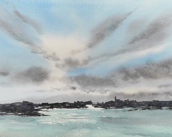 watercolor skies ocean painting original watercolor