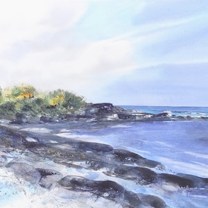 Original Watercolor Painting of Serene Ocean Rocks - Coastal Decor