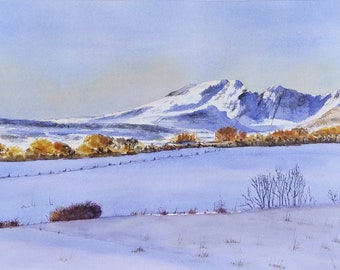 mountains watercolor painting winter painting snowy