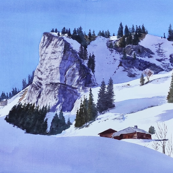 aquarelle paysage des Alpes peinture d'un paysage de montagne  neige et hiver