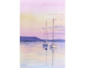 Sailboat painting seascape painting sunset painting ocean beach watercolor