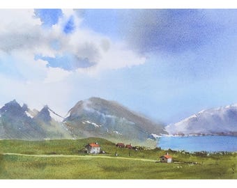 雪山の頂上 オリジナル水彩画 冬の風景 手描きの雪山 手描きの水彩画