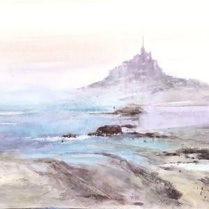 Dipinto ad acquerello originale di Mont Saint Michel - Arte paesaggistica francese fatta a mano per decorazioni per la casa o regali