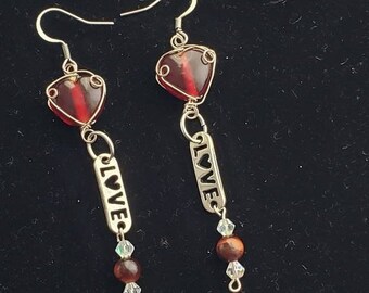 Earrings - Lampwork Glass Hearts with Love Charm