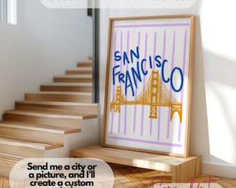 Personalized Custom City Art Print | Anniversary Gift for Traveler | Funky Hand-Drawn Travel Poster Commission