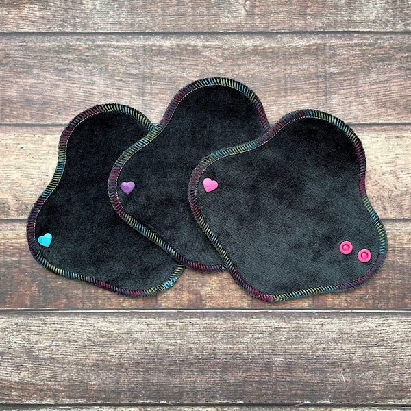 Black OBV Pantyliners Set of 3 - 6" Cloth Liners rainbow threads - organic bamboo velour top, Windpro Back - Everyday Daily Panty Liners