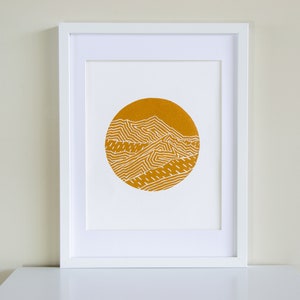 New Handmade Mountain Linocut Print Mount Aurum from Skippers Canyon Road, Queenstown New Zealand image 1