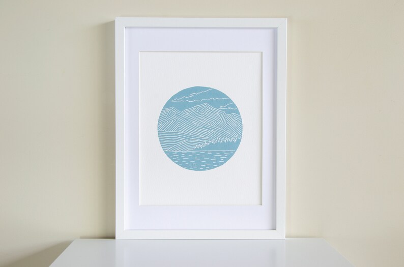 Mountain Linocut Print Wall Art New Zealand Lake Wanaka Etsy