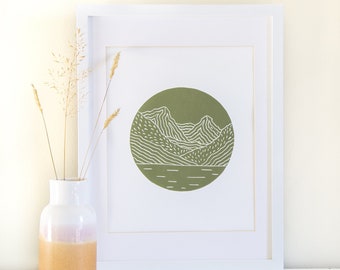 Mountain Linocut Print Wall Art, New Zealand - The Routeburn, Lake MacKenzie