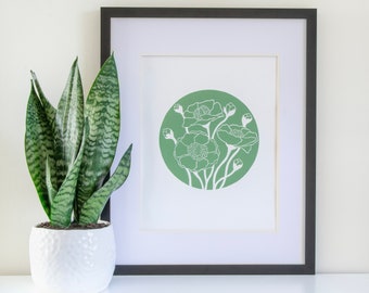 Botanical Linocut Print Wall Art, New Zealand - Mount Cook Lily