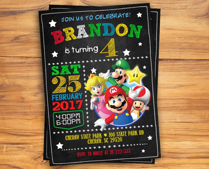 Super Mario Birthday Invitation Chalkboard Super Mario Custom Card Mario Bros Party Invites Super Mario Digital Printable Invitation