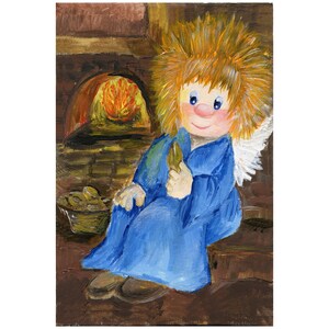大特価！クリスマスポストカード5枚セット / 暖炉のそばのクリスマスエンジェル / イラストポストカード / 5枚セット