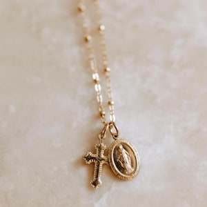 Gold filled virgin mary with cross necklace, cross necklace, virgin mary necklace, religious necklace, gold filled necklace, catholic