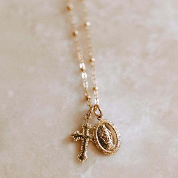 Virgin Mary Cross Necklace • 14K Gold Filled Catholic Necklace • Dainty Mary Medal & Cross • Religious Faith Jewelry Gift