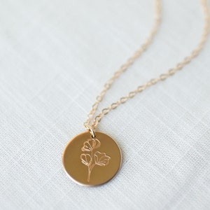 Birth month flower necklace, gold filled birth flower necklace, disc necklace, mom gift, mothers day gift, gift for women, personalized