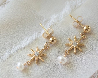 Star stud earrings, pearl stud earrings, simple earrings women, gold filled star earrings, gift for her, dainty earrings, star earrings