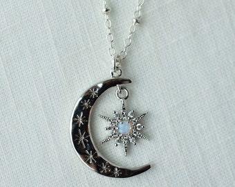 Silver moon and star necklace, opal moon necklace,  opal star necklace, moon jewelry, gift for her, silver star necklace, layered necklaces