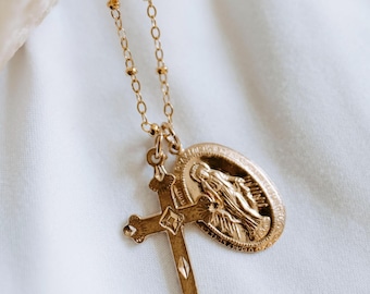 Mary cross necklace, gold filled Mary necklace, religious jewelry, gold filled necklace, layering necklace, cross necklace, gifs for her