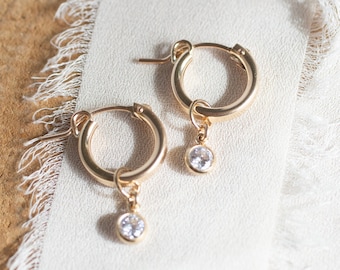 Gold filled cubic zirconia hoop earrings, gold hoop earrings, cubic zirconia earrings dangle, gold filled earrings for women, gift for her