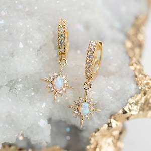 Star huggie hoops, opal star hoops for women, celestial earrings, star hoop earrings, gift for her, bride earrings, celestial jewelry