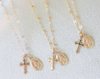 Gold filled virgin mary with cross necklace, cross necklace, virgin mary necklace, religious necklace, gold filled necklace, catholic